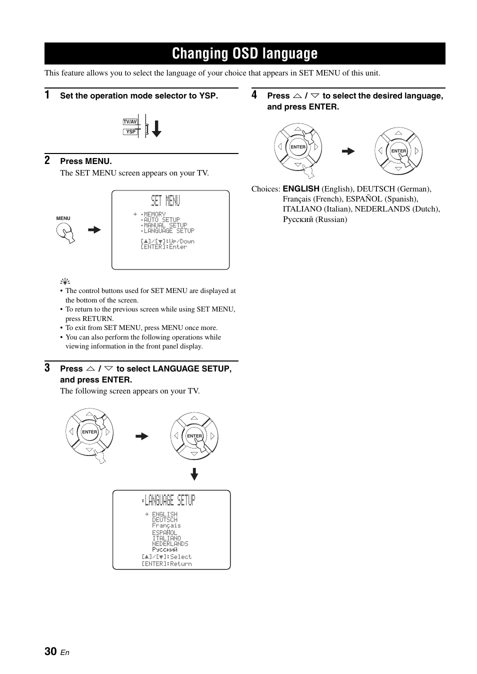 Changing osd language, Set menu, Language setup | Yamaha DIGITAL SOUND PROJECTOR HTY-750 User Manual | Page 32 / 98