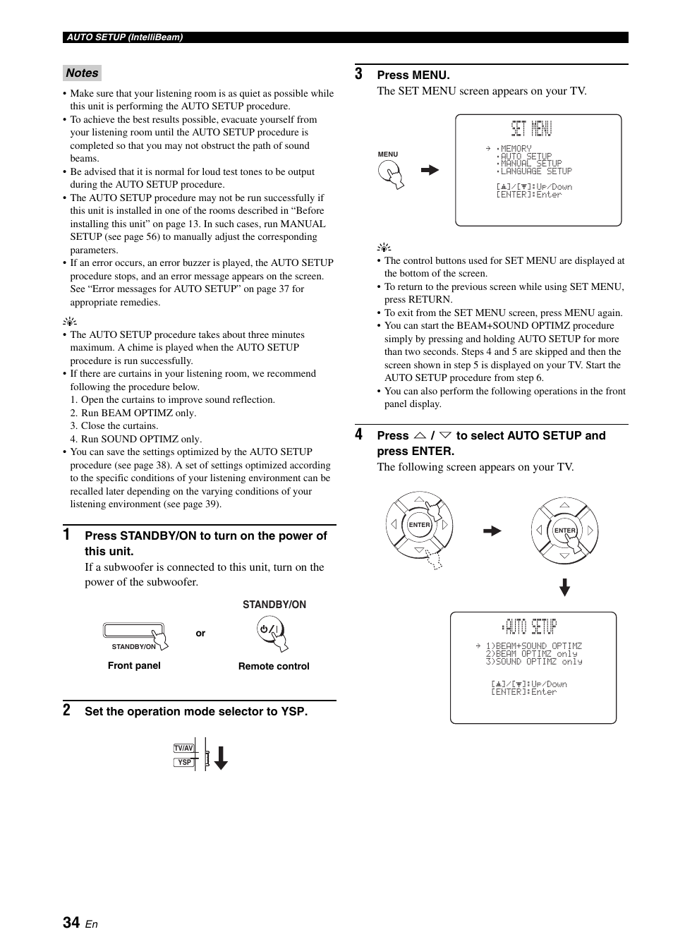 Set menu, Auto setup | Yamaha DIGITAL SOUND PROJECTOR HTY-750 User Manual | Page 36 / 98