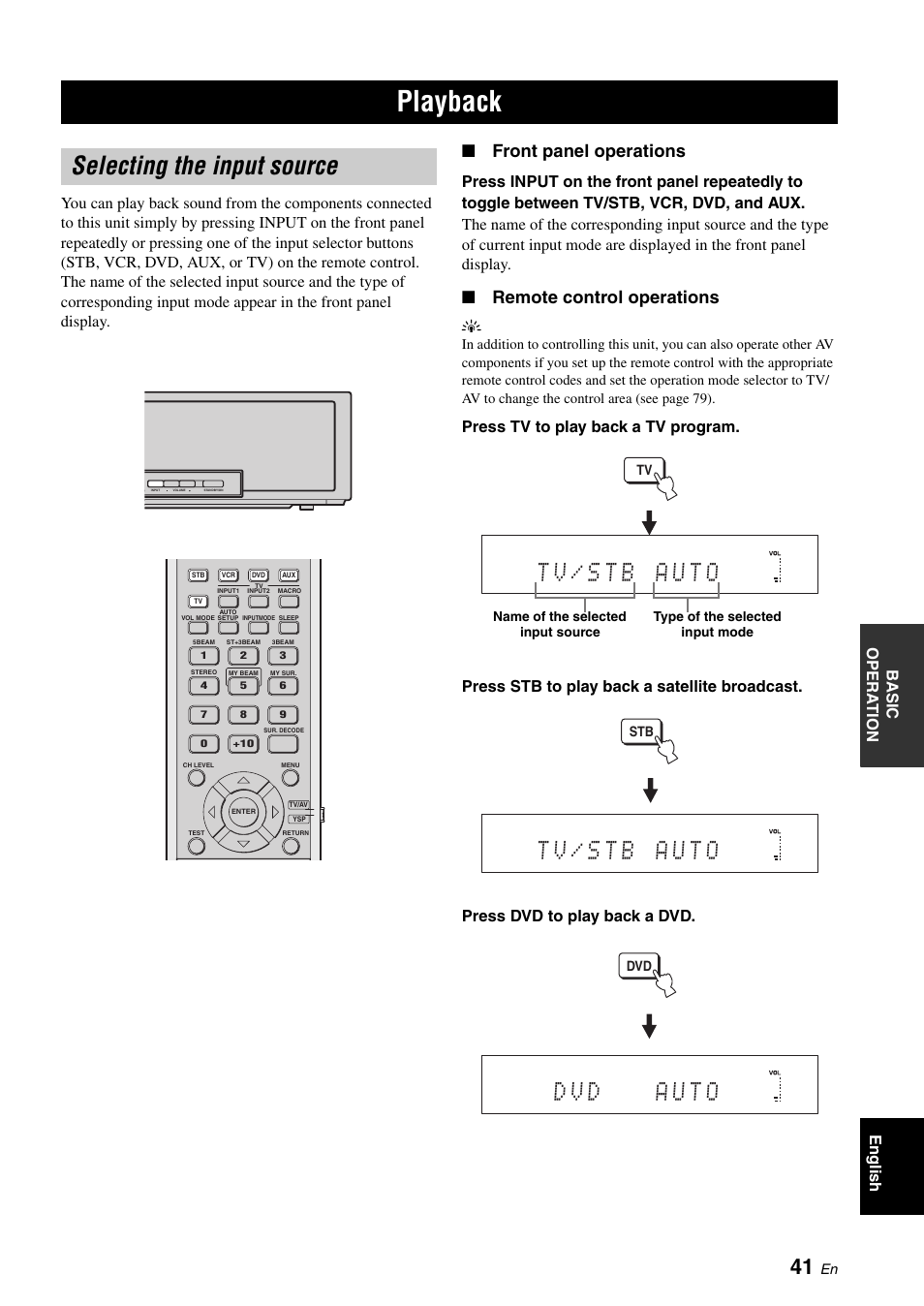 Basic operation, Playback, Selecting the input source | Front panel operations, Remote control operations | Yamaha DIGITAL SOUND PROJECTOR HTY-750 User Manual | Page 43 / 98