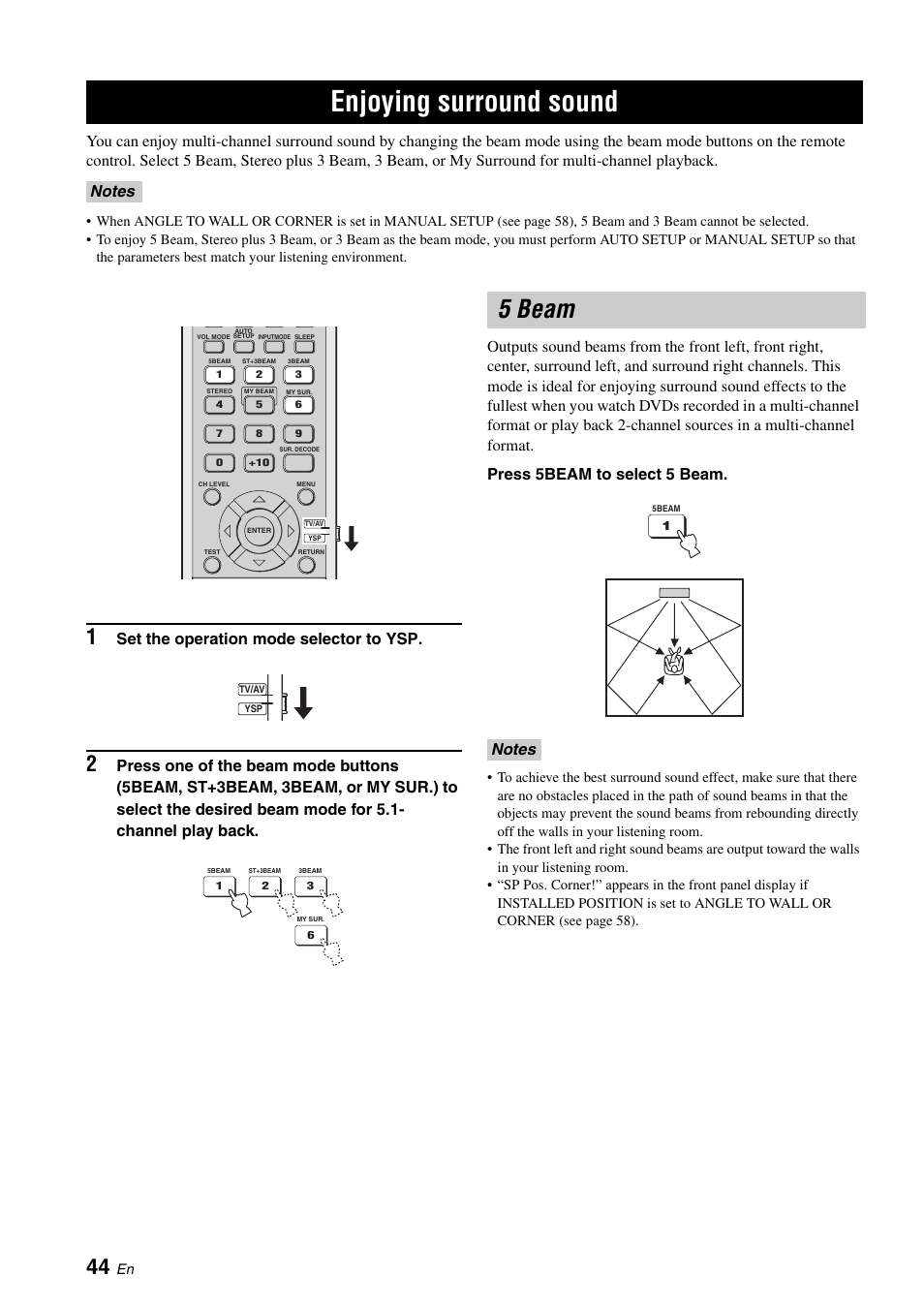 Enjoying surround sound, 5 beam, Set the operation mode selector to ysp | Yamaha DIGITAL SOUND PROJECTOR HTY-750 User Manual | Page 46 / 98