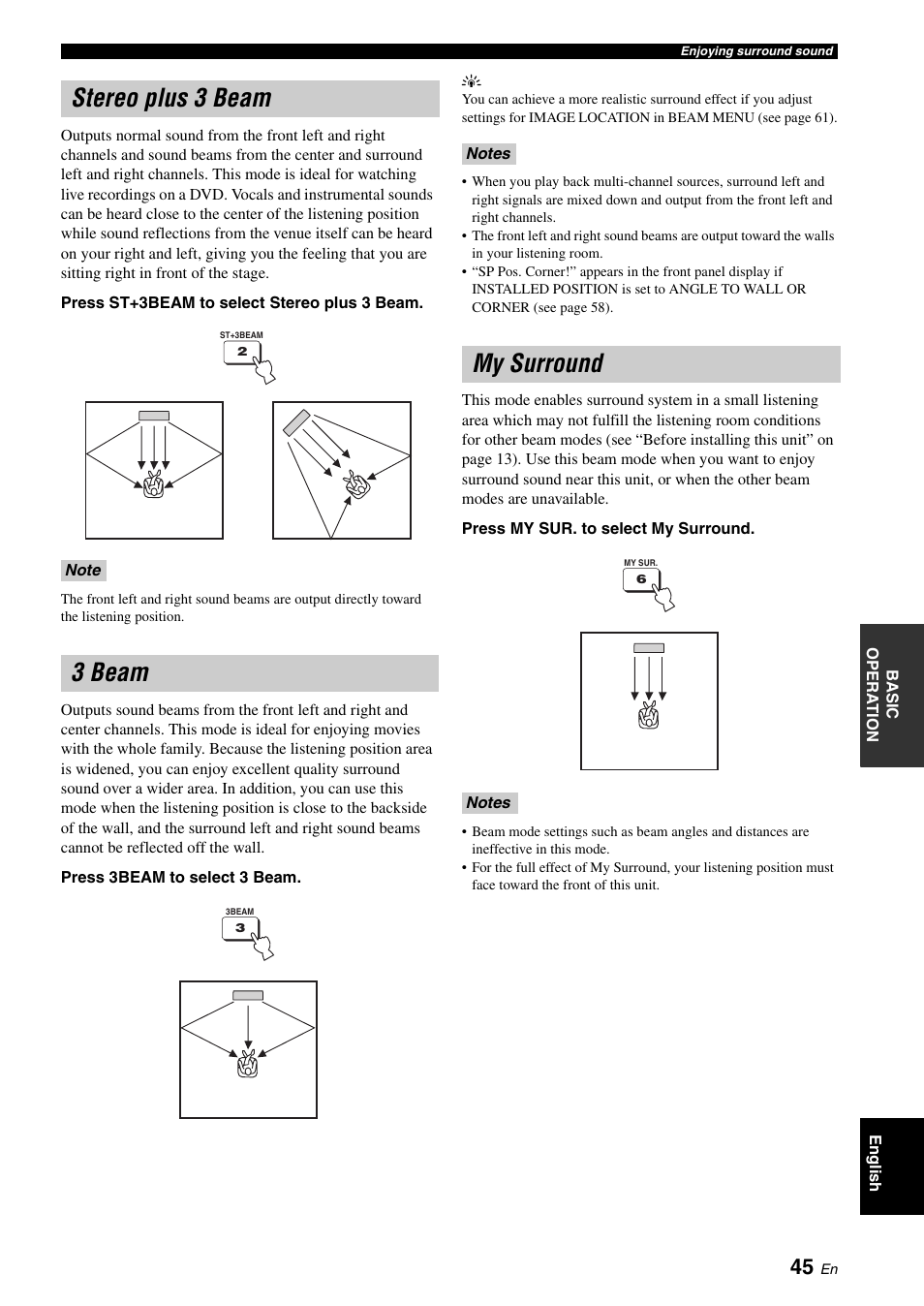 Stereo plus 3 beam, 3 beam, My surround | Stereo plus 3 beam 3 beam my surround | Yamaha DIGITAL SOUND PROJECTOR HTY-750 User Manual | Page 47 / 98