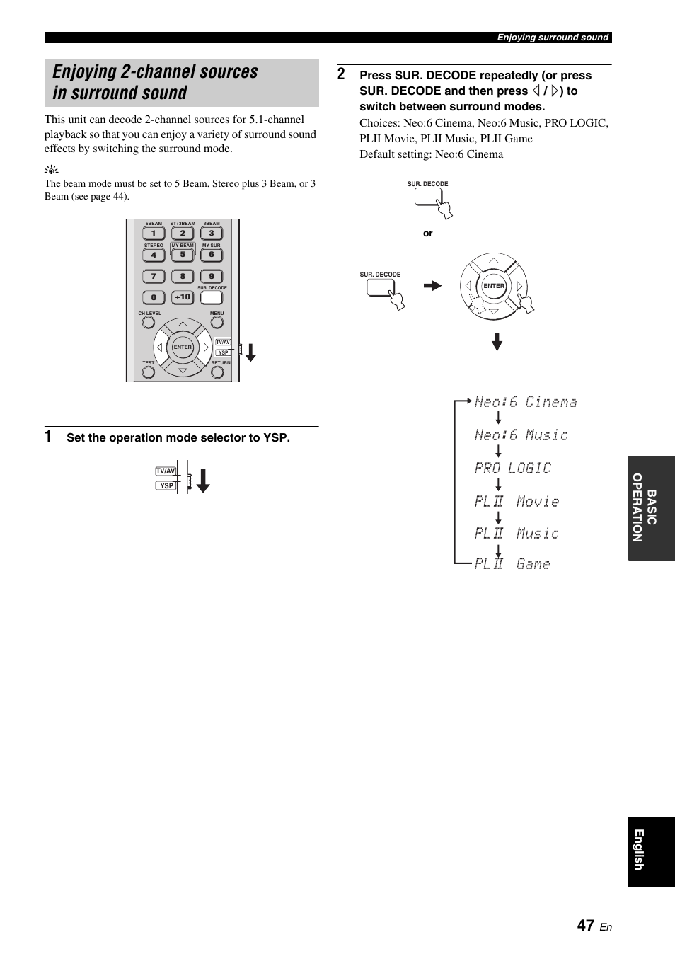 Enjoying 2-channel sources in surround sound, Neo:6 cinema neo:6 music pro logic plii movie plii, Music plii | Game | Yamaha DIGITAL SOUND PROJECTOR HTY-750 User Manual | Page 49 / 98