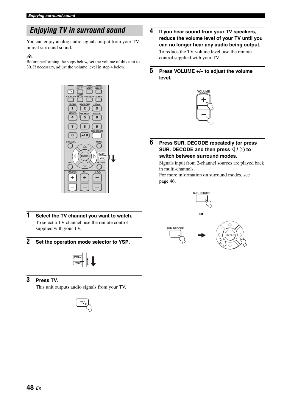 Enjoying tv in surround sound, Set the operation mode selector to ysp, Press volume +/– to adjust the volume level | Yamaha DIGITAL SOUND PROJECTOR HTY-750 User Manual | Page 50 / 98