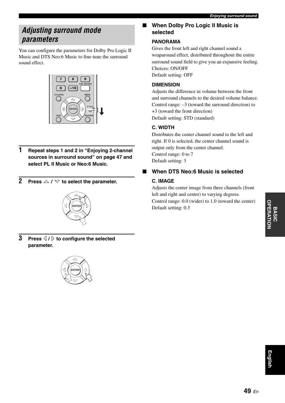 Adjusting surround mode parameters, When dolby pro logic ii music is selected, When dts neo:6 music is selected | Yamaha DIGITAL SOUND PROJECTOR HTY-750 User Manual | Page 51 / 98