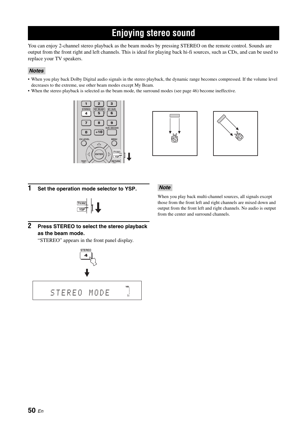 Enjoying stereo sound | Yamaha DIGITAL SOUND PROJECTOR HTY-750 User Manual | Page 52 / 98