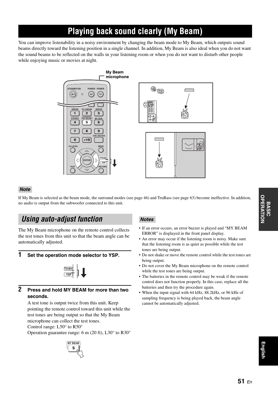 Playing back sound clearly (my beam), Using auto-adjust function, Set the operation mode selector to ysp | Yamaha DIGITAL SOUND PROJECTOR HTY-750 User Manual | Page 53 / 98