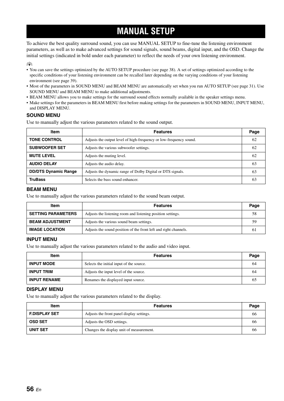 Advanced operation, Manual setup | Yamaha DIGITAL SOUND PROJECTOR HTY-750 User Manual | Page 58 / 98