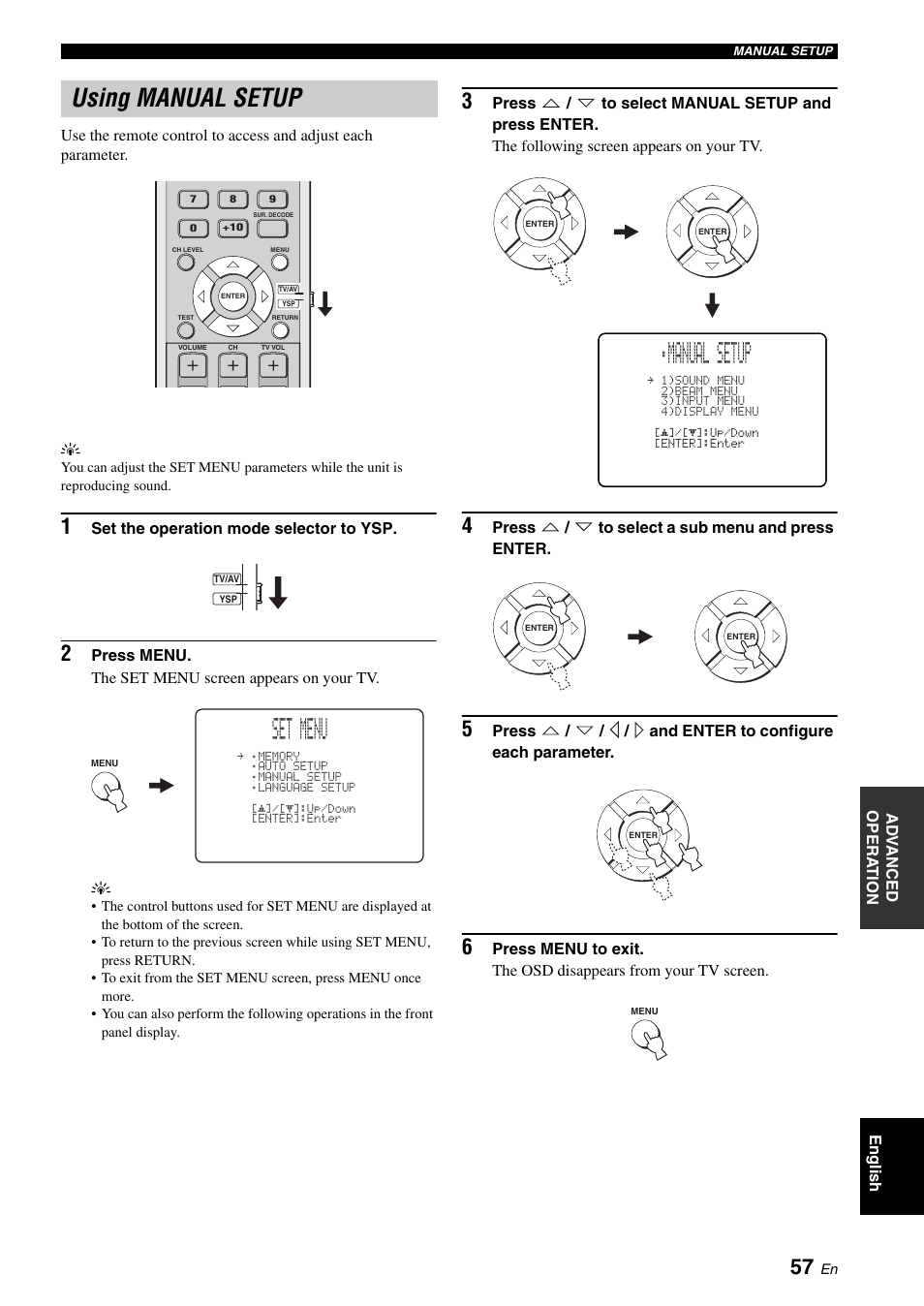 Using manual setup, Set menu, Manual setup | Yamaha DIGITAL SOUND PROJECTOR HTY-750 User Manual | Page 59 / 98