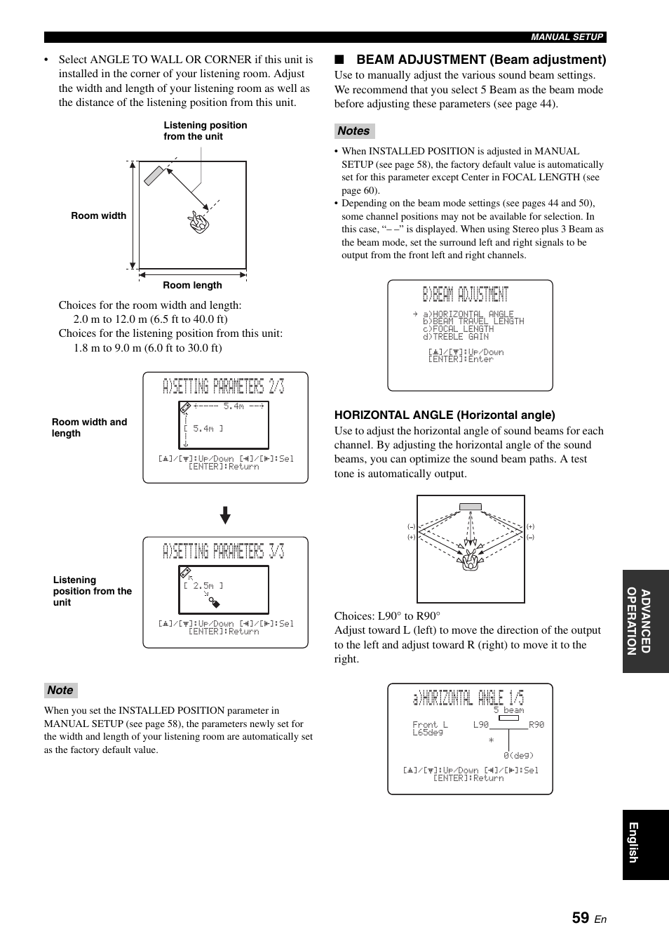 A)setting parameters 2/3, A)setting parameters 3/3, B)beam adjustment | A)horizontal angle 1/5, Beam adjustment (beam adjustment) | Yamaha DIGITAL SOUND PROJECTOR HTY-750 User Manual | Page 61 / 98