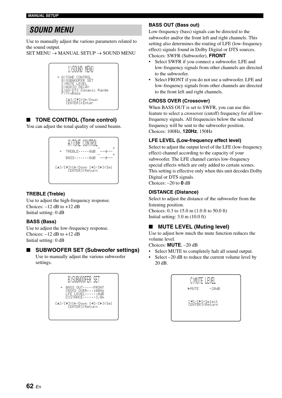 Sound menu, 1)sound menu, A)tone control | B)subwoofer set, C)mute level | Yamaha DIGITAL SOUND PROJECTOR HTY-750 User Manual | Page 64 / 98