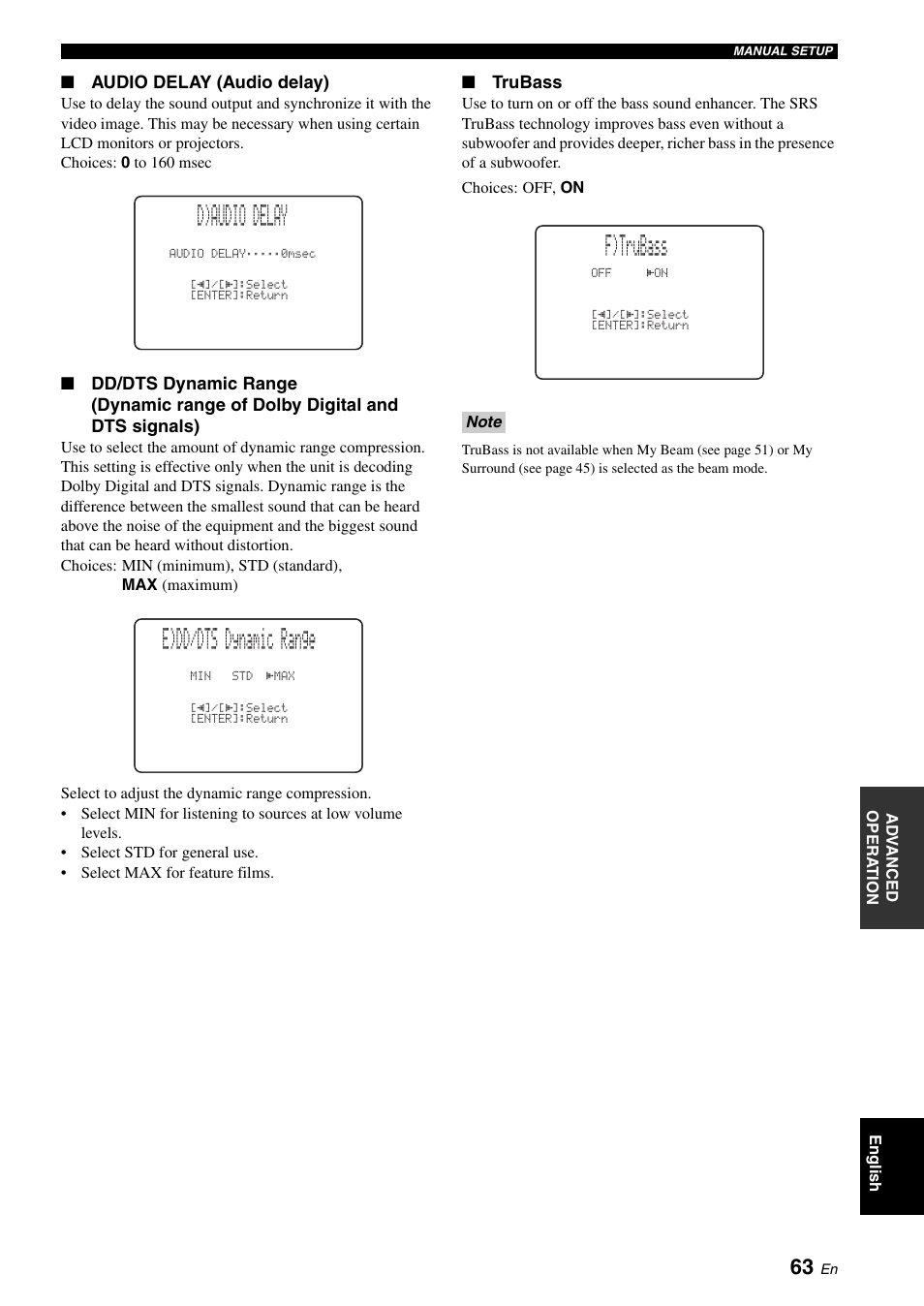 D)audio delay, E)dd/dts dynamic range, F)trubass | Yamaha DIGITAL SOUND PROJECTOR HTY-750 User Manual | Page 65 / 98