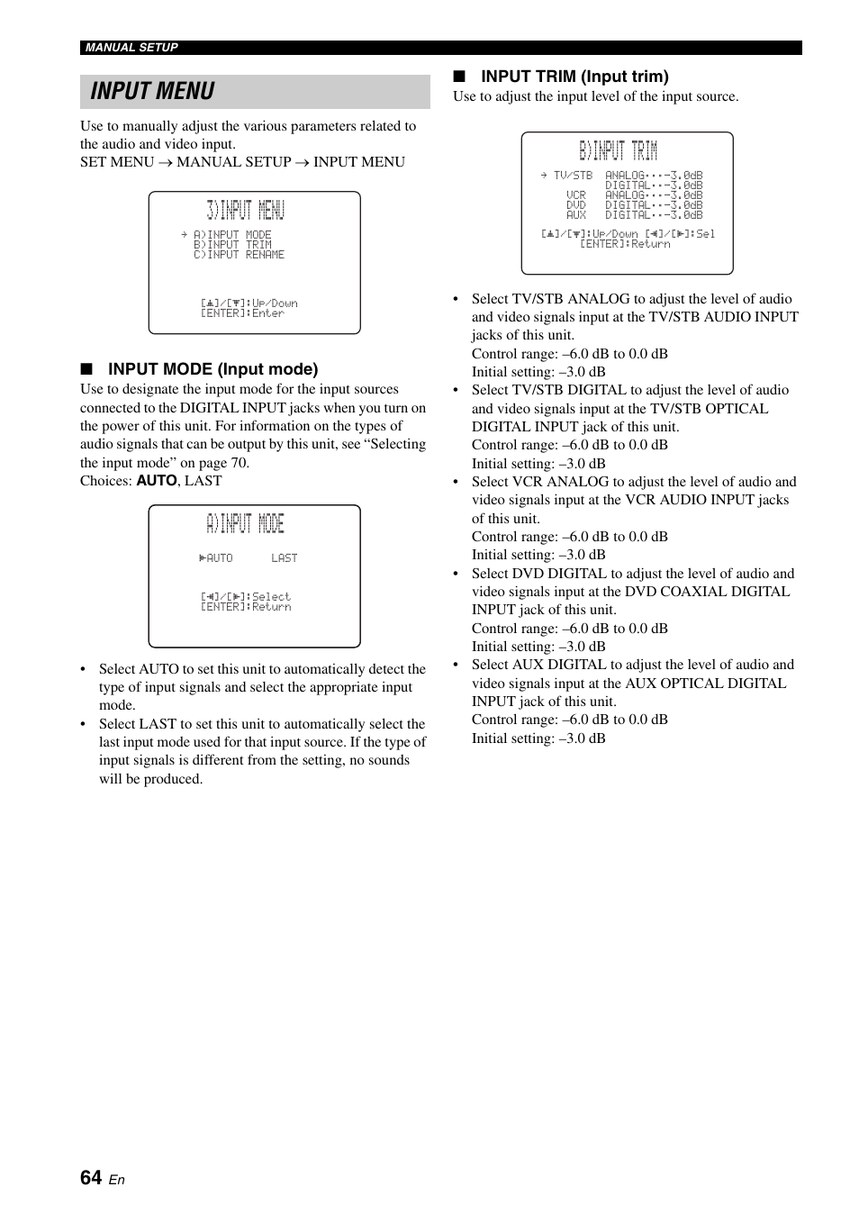 Input menu, 3)input menu, A)input mode | B)input trim | Yamaha DIGITAL SOUND PROJECTOR HTY-750 User Manual | Page 66 / 98