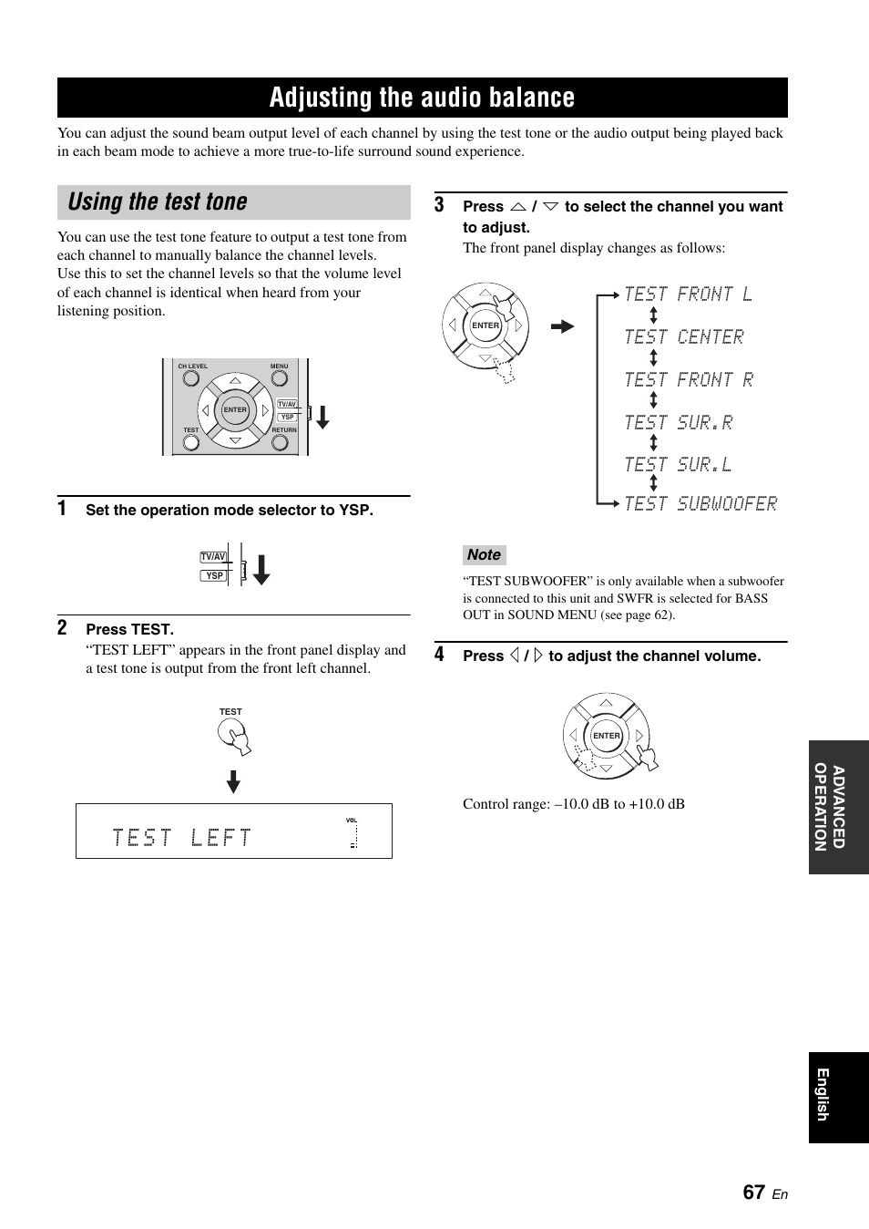 Adjusting the audio balance, Using the test tone | Yamaha DIGITAL SOUND PROJECTOR HTY-750 User Manual | Page 69 / 98