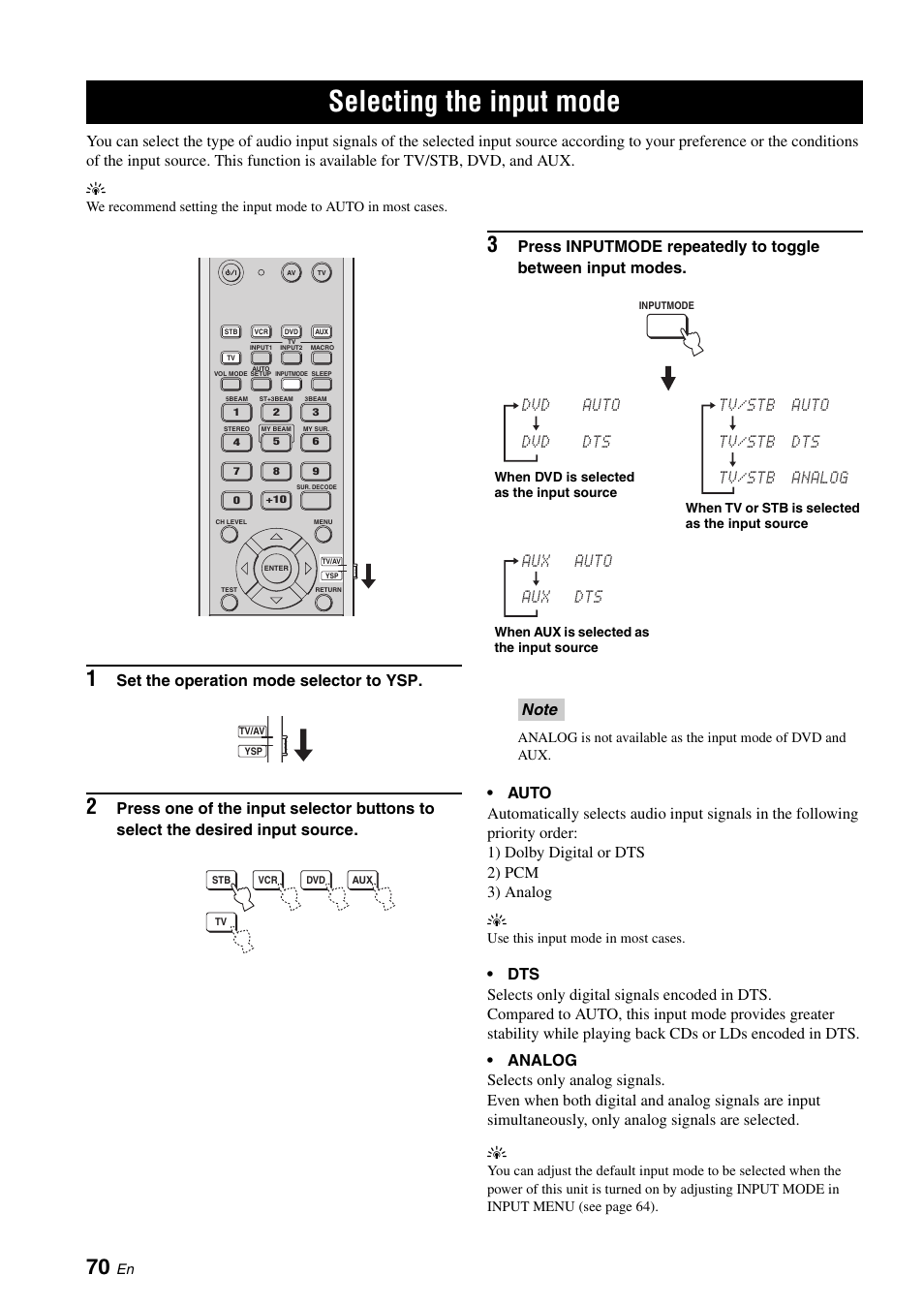 Selecting the input mode, Set the operation mode selector to ysp, Aux auto aux dts | Yamaha DIGITAL SOUND PROJECTOR HTY-750 User Manual | Page 72 / 98