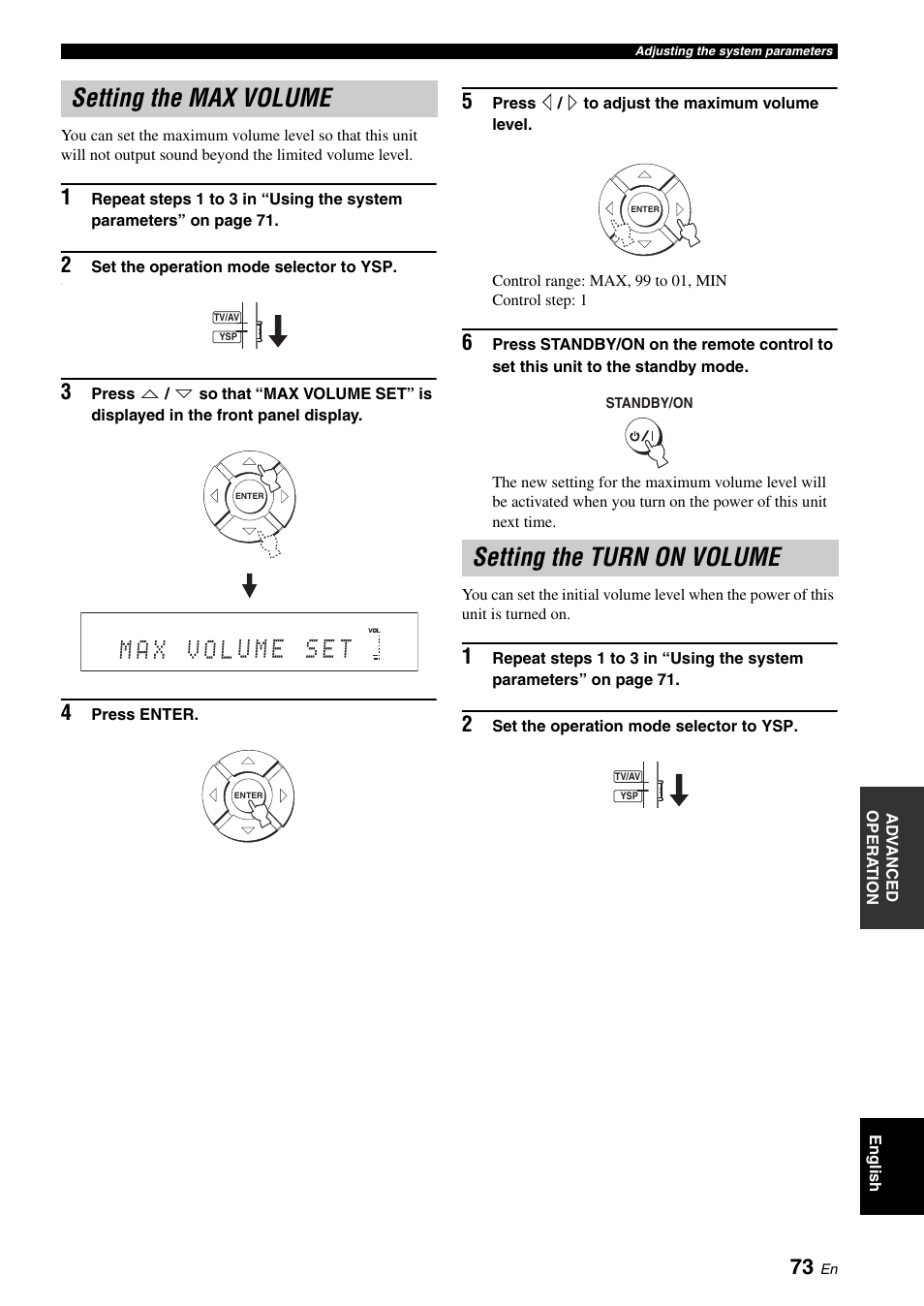 Setting the max volume, Setting the turn on volume, Setting the max volume setting the turn on volume | Yamaha DIGITAL SOUND PROJECTOR HTY-750 User Manual | Page 75 / 98