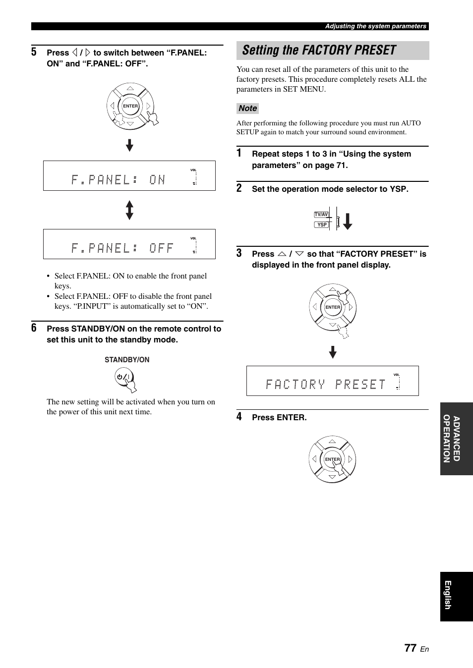 Setting the factory preset | Yamaha DIGITAL SOUND PROJECTOR HTY-750 User Manual | Page 79 / 98