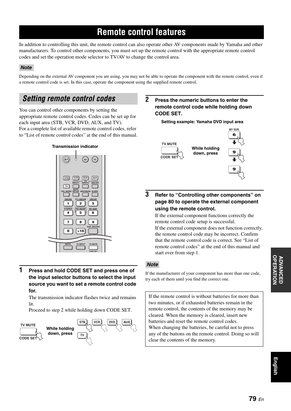 Remote control features, Setting remote control codes | Yamaha DIGITAL SOUND PROJECTOR HTY-750 User Manual | Page 81 / 98