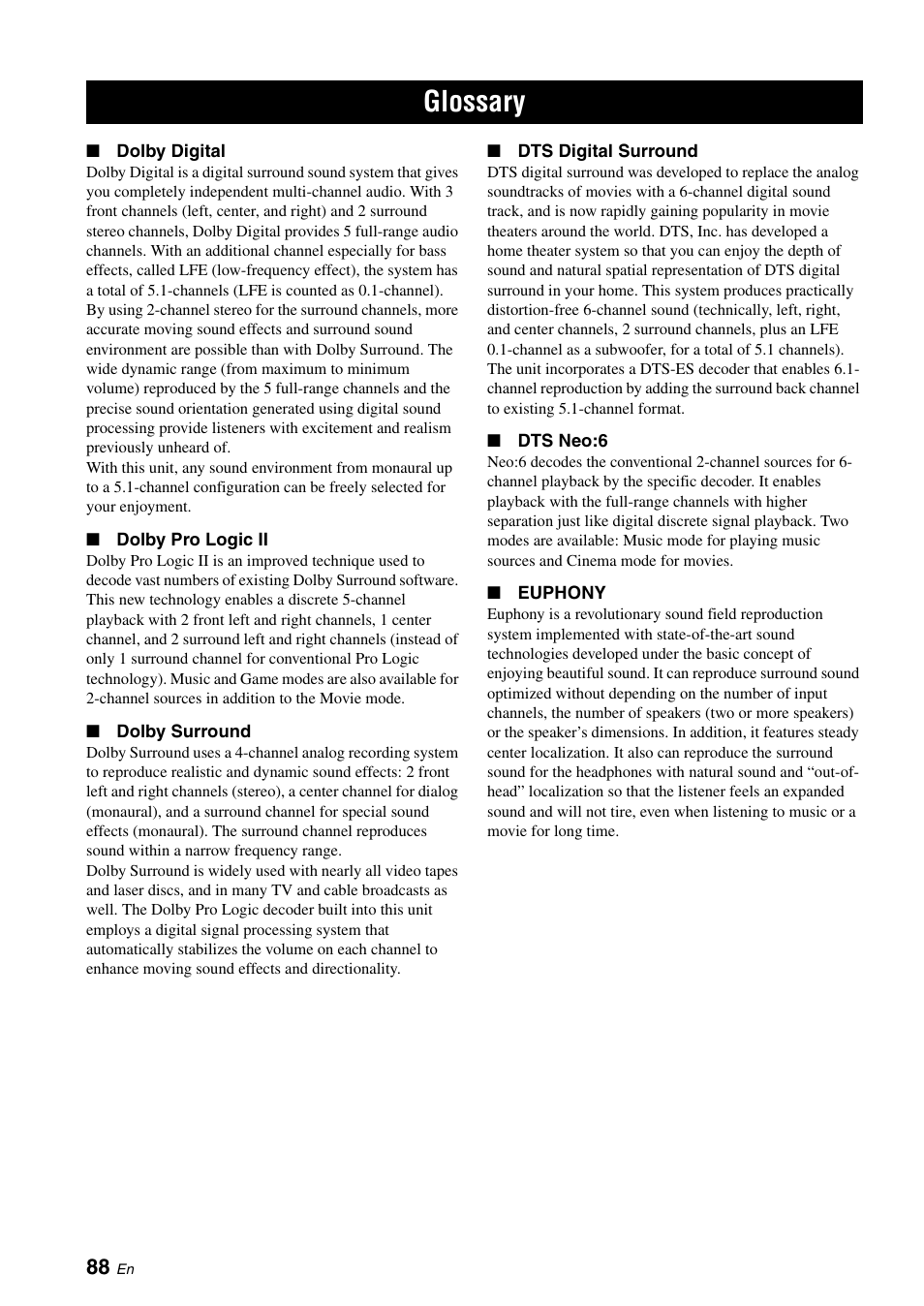 Glossary | Yamaha DIGITAL SOUND PROJECTOR HTY-750 User Manual | Page 90 / 98