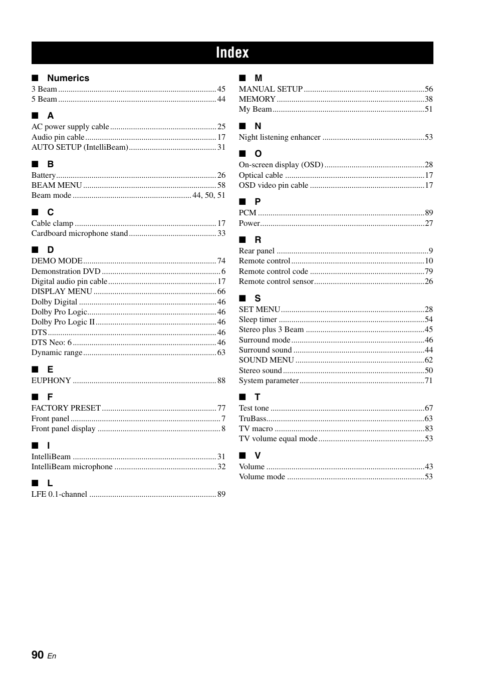 Index | Yamaha DIGITAL SOUND PROJECTOR HTY-750 User Manual | Page 92 / 98