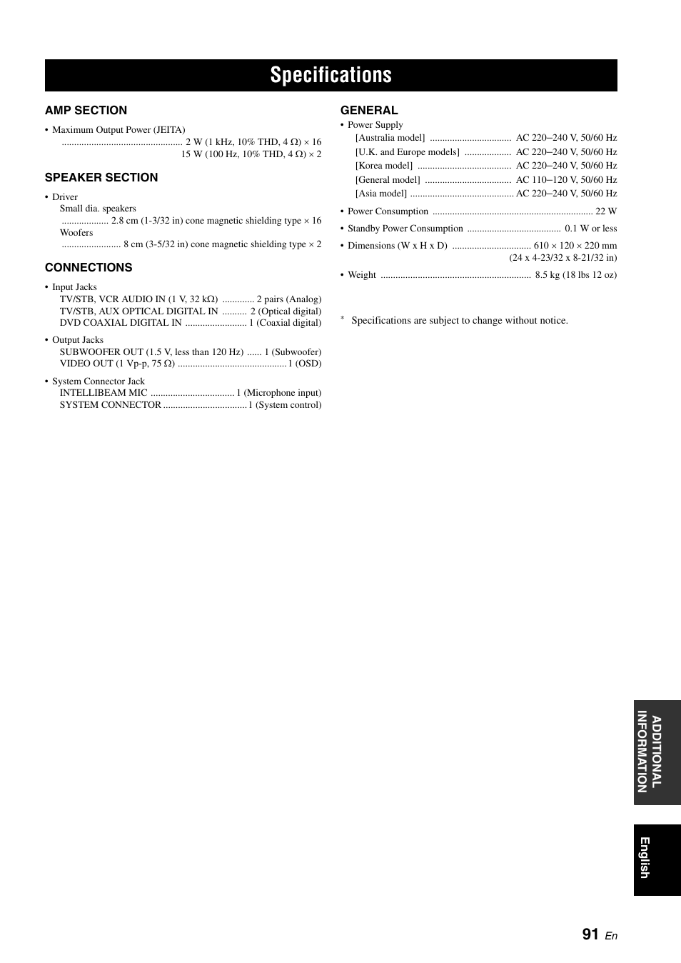 Specifications | Yamaha DIGITAL SOUND PROJECTOR HTY-750 User Manual | Page 93 / 98