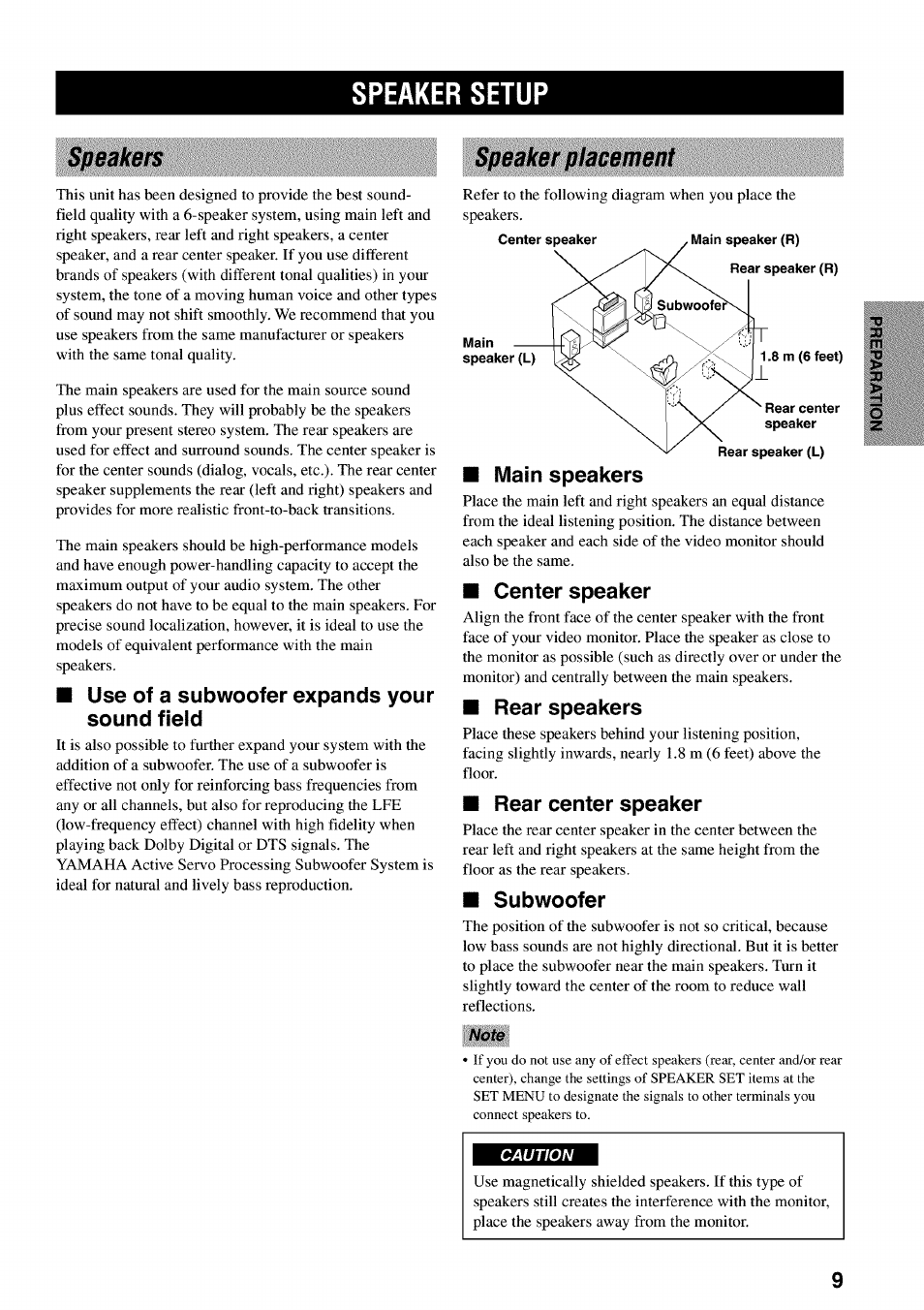 Speaker setup, Speaker placement, Use of a subwoofer expands your sound field | Main speakers, Center speaker, Rear speakers, Rear center speaker, Subwoofer, Speakers speaker placement | Yamaha RX-V730 User Manual | Page 13 / 71