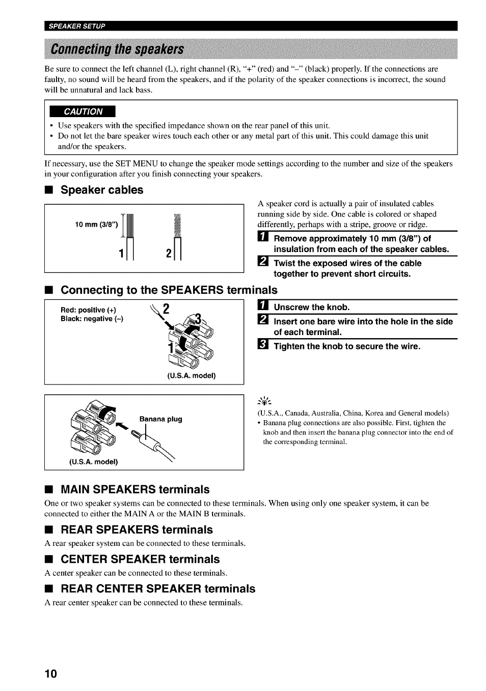 Connecting the speakers, Speaker cables, Connecting to the speakers terminals | Li unscrew the knob, El tighten the knob to secure the wire, Main speakers terminals, Rear speakers terminals, Center speaker terminals, Rear center speaker terminals | Yamaha RX-V730 User Manual | Page 14 / 71