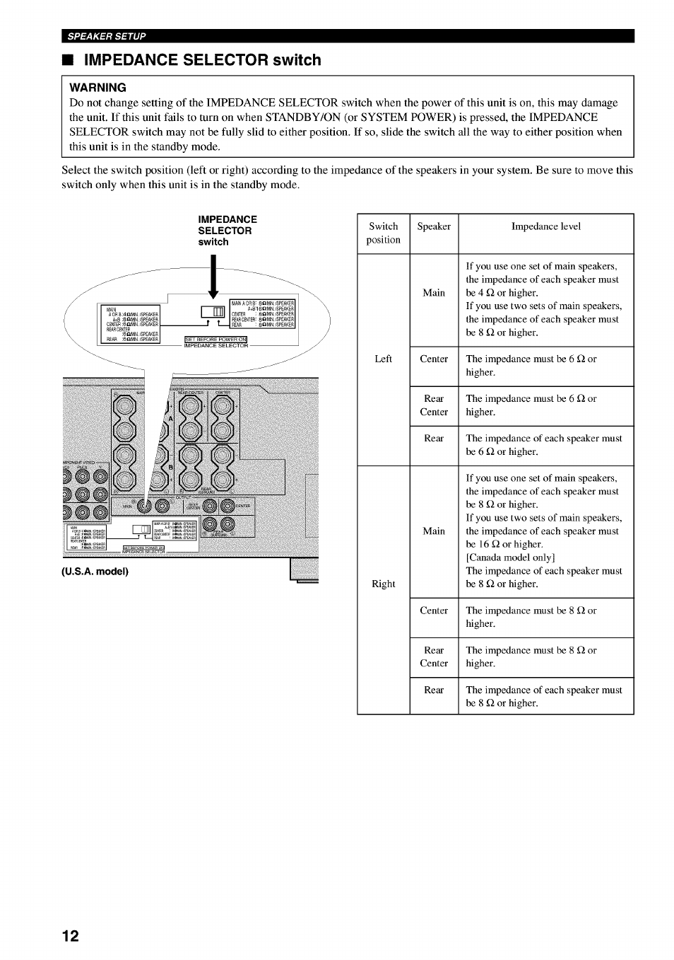 Impedance selector switch, Warning | Yamaha RX-V730 User Manual | Page 16 / 71
