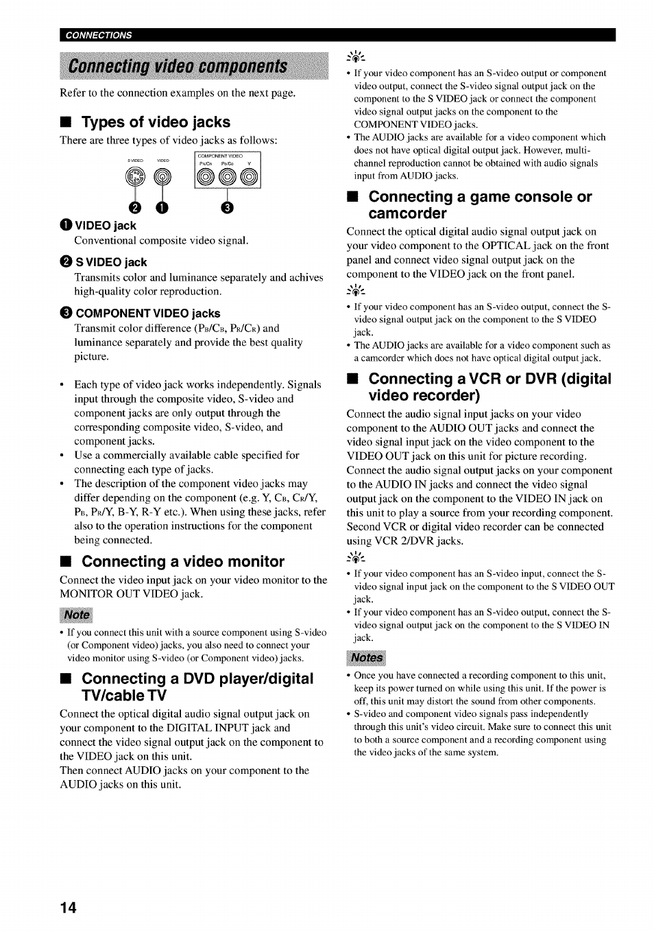 Connecting video components, Types of video jacks, O video jack | 0s video jack, O component video jacks, Connecting a video monitor, Connecting a dvd player/digital tv/cabletv, Connecting a game console or camcorder, Connecting a vcr or dvr (digital video recorder) | Yamaha RX-V730 User Manual | Page 18 / 71