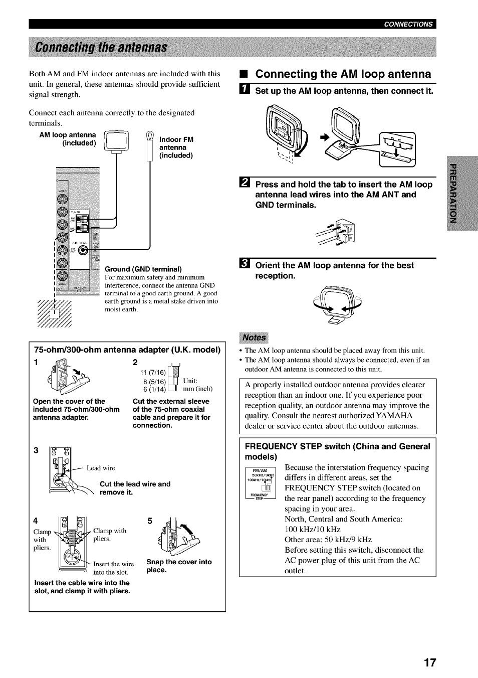 Connecting the antennas, Connecting the am loop antenna, O ®m | Yamaha RX-V730 User Manual | Page 21 / 71
