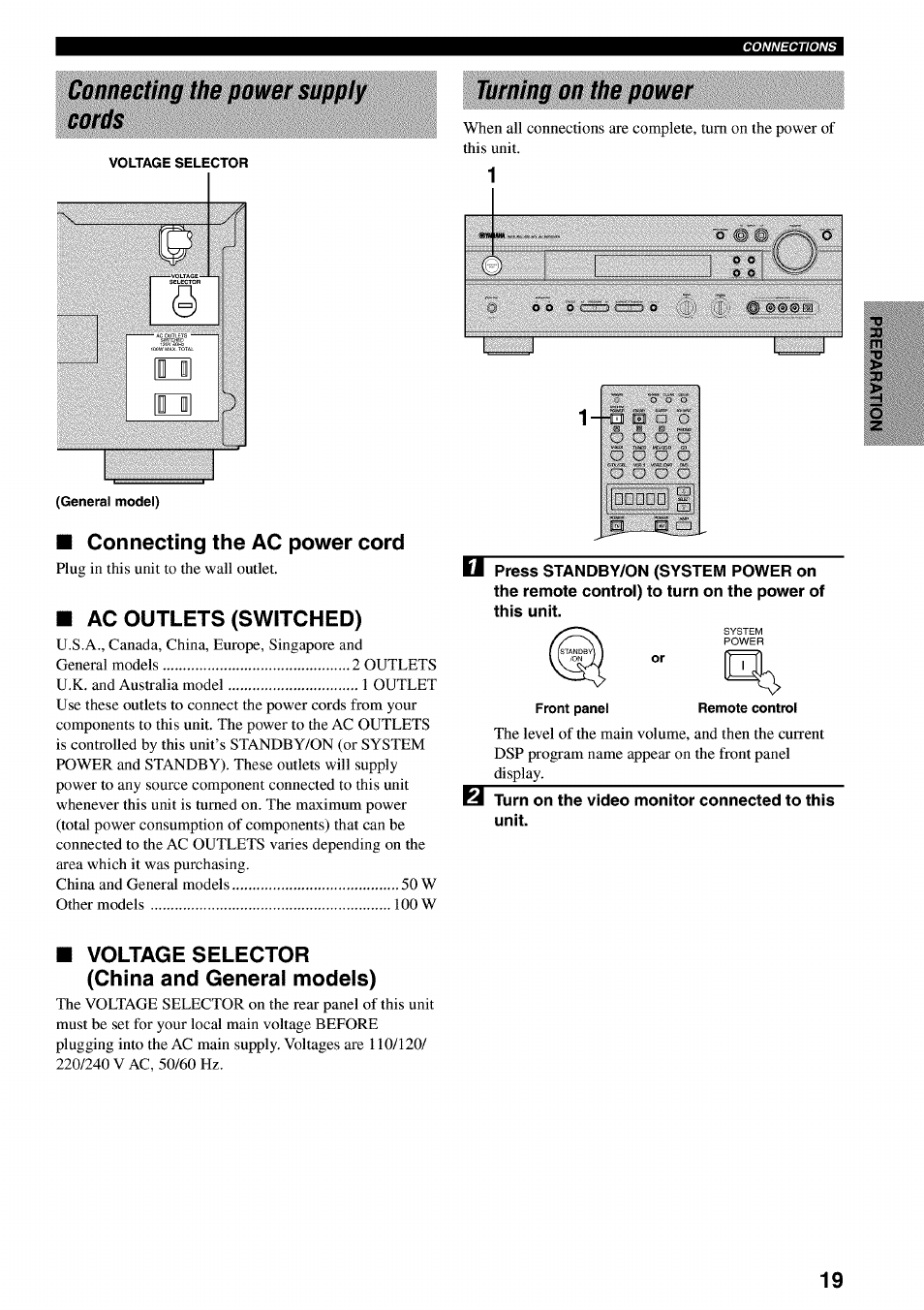 Connecting the power supply cords, Turning on the power, Connecting the ac power cord | Ac outlets (switched), Voltage selector (china and general models) | Yamaha RX-V730 User Manual | Page 23 / 71