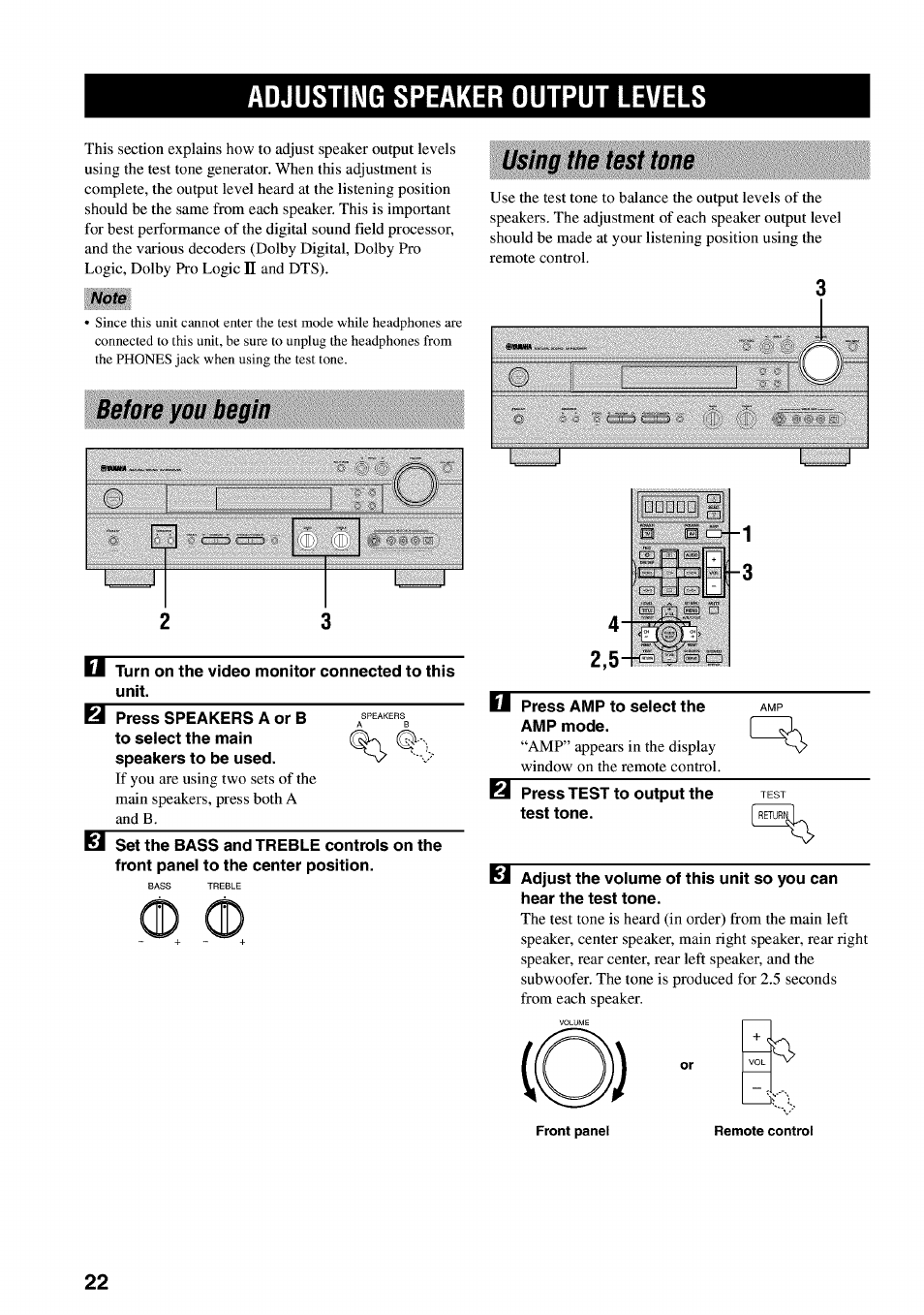 Adjusting speaker output levels, Using the test tone | Yamaha RX-V730 User Manual | Page 26 / 71