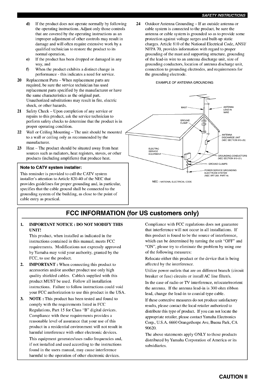 Fcc information (for us customers only), Caution ii | Yamaha RX-V730 User Manual | Page 3 / 71