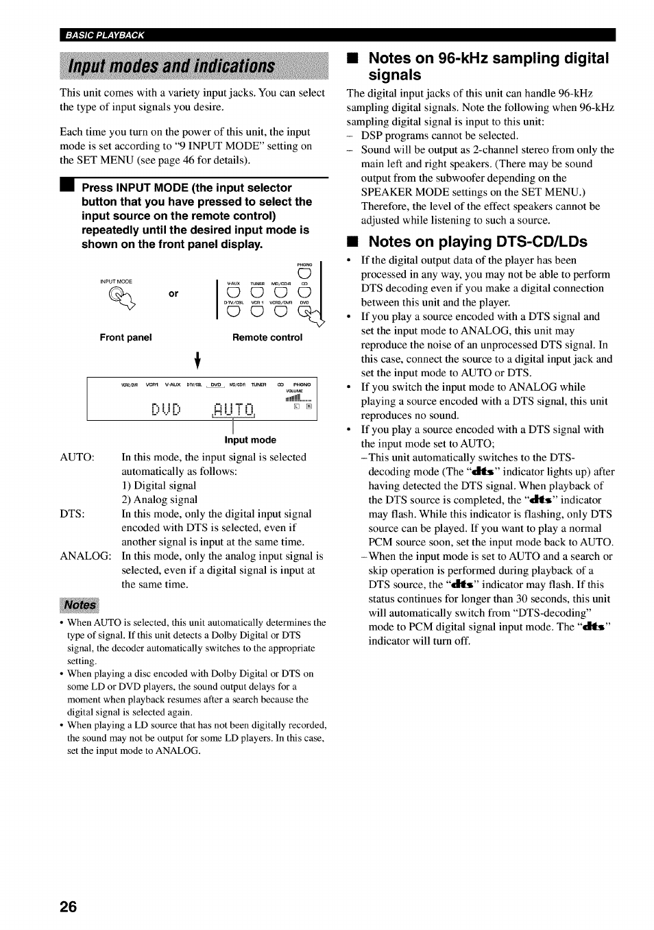 Input modes and indications, Notes on 96-khz sampling digital signals, Notes on playing dts-cd/lds | Оо о о 6 | Yamaha RX-V730 User Manual | Page 30 / 71