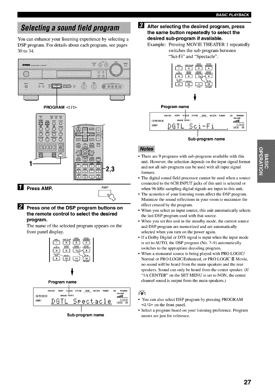 Selecting a sound field program | Yamaha RX-V730 User Manual | Page 31 / 71