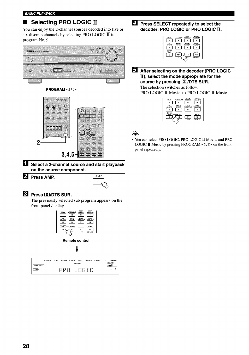 Selecting pro logic n, 3,4,5-n__ i, M m m | Dd s | Yamaha RX-V730 User Manual | Page 32 / 71