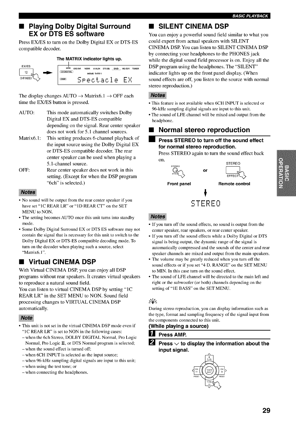 Virtual cinema dsp, Silent cinema dsp, Normal stereo reproduction | Yamaha RX-V730 User Manual | Page 33 / 71
