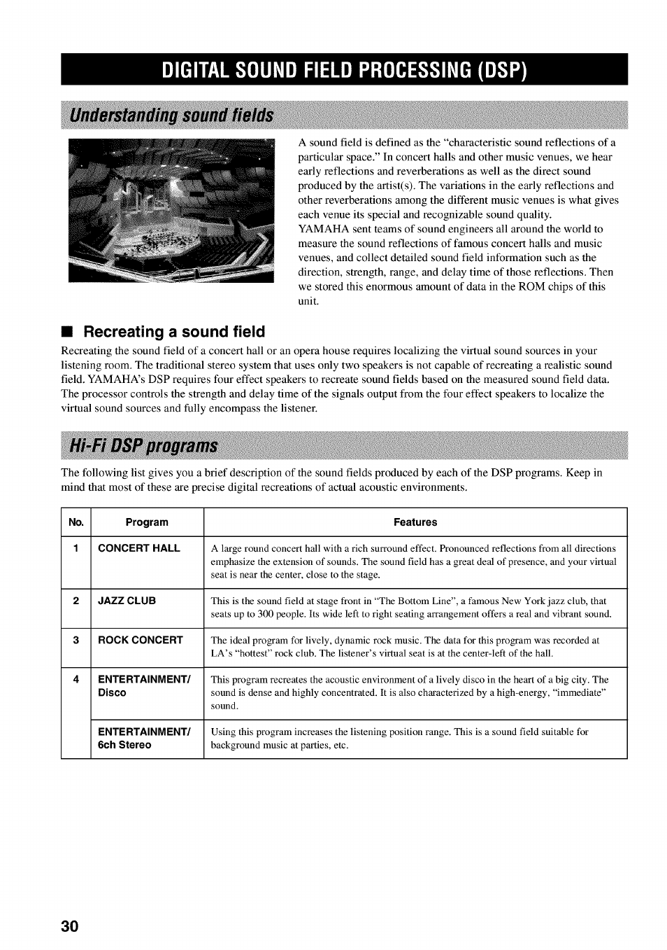Digital sound field processing (dsp), Recreating a sound field, Hi-fi dsp programs | Understanding sound fields | Yamaha RX-V730 User Manual | Page 34 / 71