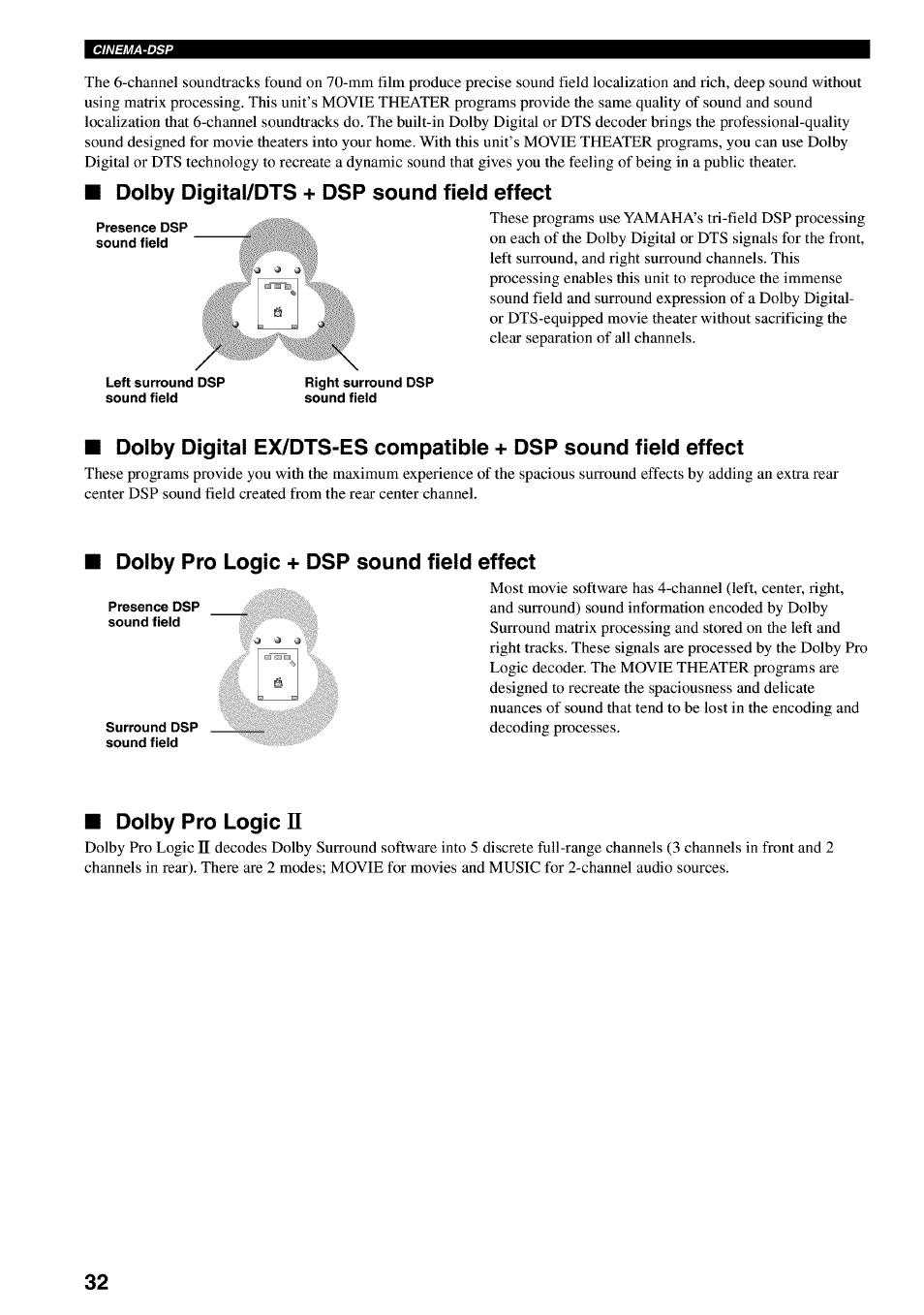 Dolby digital/dts + dsp sound field effect, Dolby pro logic + dsp sound field effect, Dolby pro logic n | Yamaha RX-V730 User Manual | Page 36 / 71