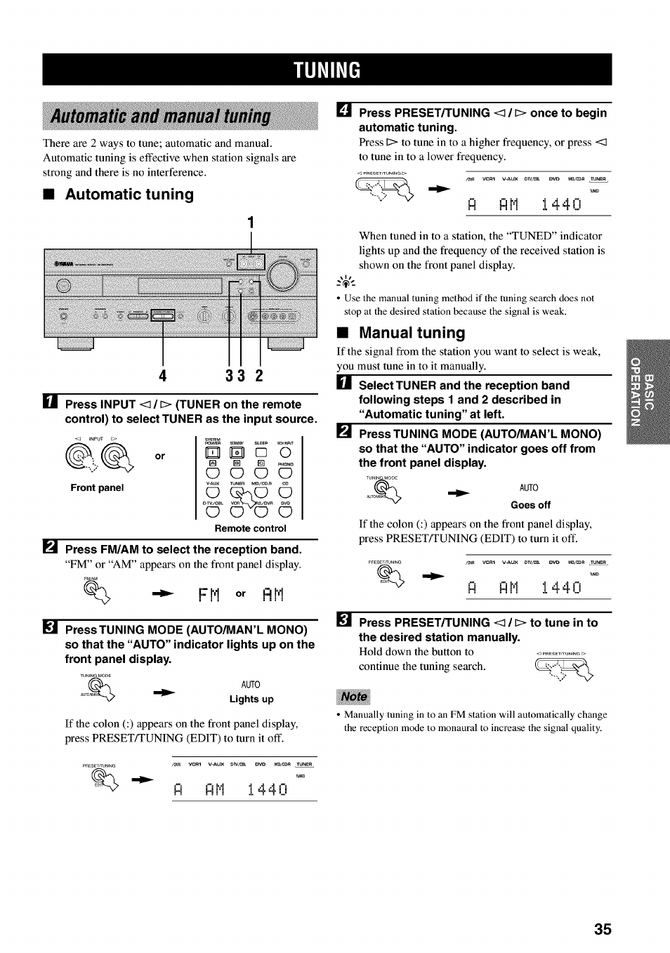 Tuning, Automatic and manual tuning, Automatic tuning | Manual tuning, P p m, P p m 1 4 4 n | Yamaha RX-V730 User Manual | Page 39 / 71