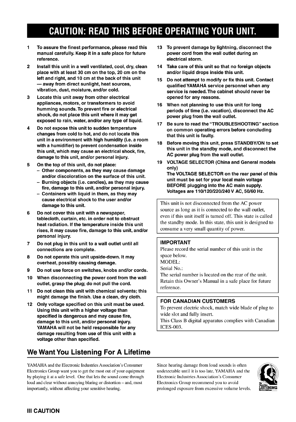 Caution: read this before operating your unit, We want you listening for a lifetime | Yamaha RX-V730 User Manual | Page 4 / 71