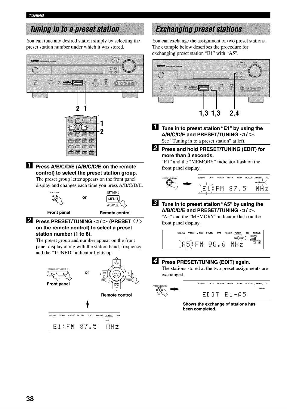 Tuning in to a preset station, Exchanging preset stations, M/coit | Yamaha RX-V730 User Manual | Page 42 / 71