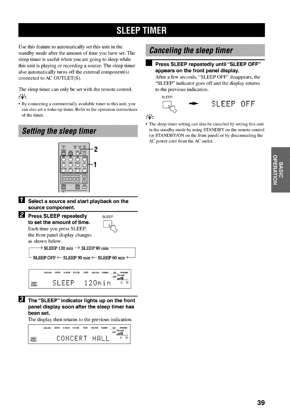 Sleep timer, Canceling the sleep timer, Setting the sleep timer | Setting the sleep timer canceling the sleep timer, I