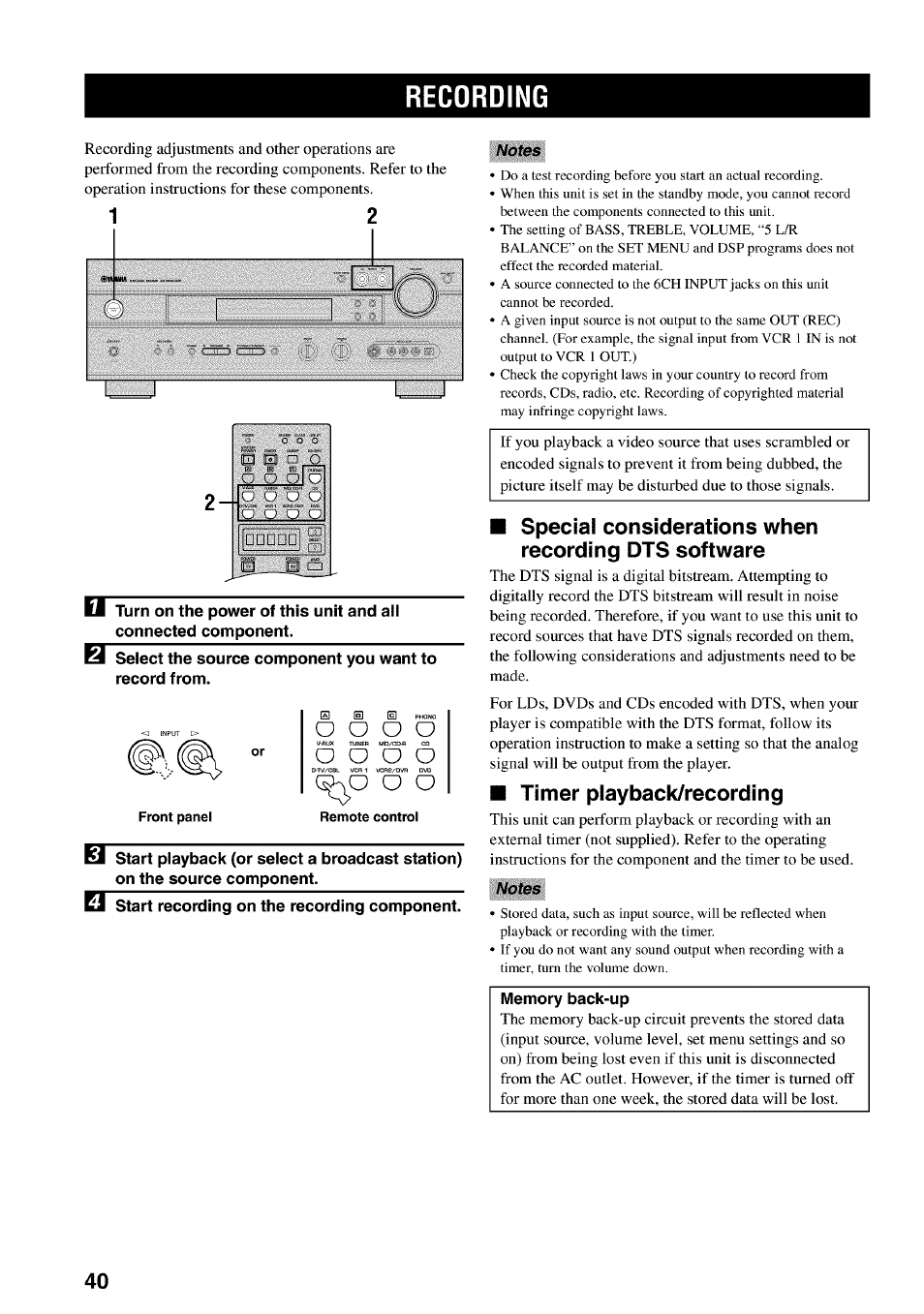 Recording, Special considerations when recording dts software, Timer playback/recording | Yamaha RX-V730 User Manual | Page 44 / 71