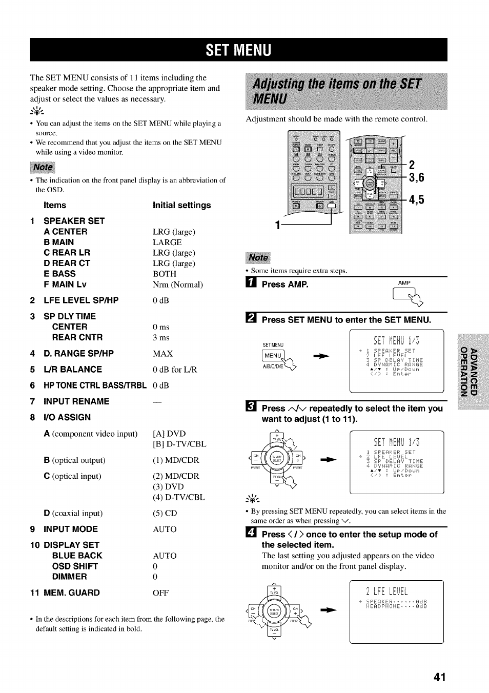 Set menu, Adjusting the items on the set menu | Yamaha RX-V730 User Manual | Page 45 / 71