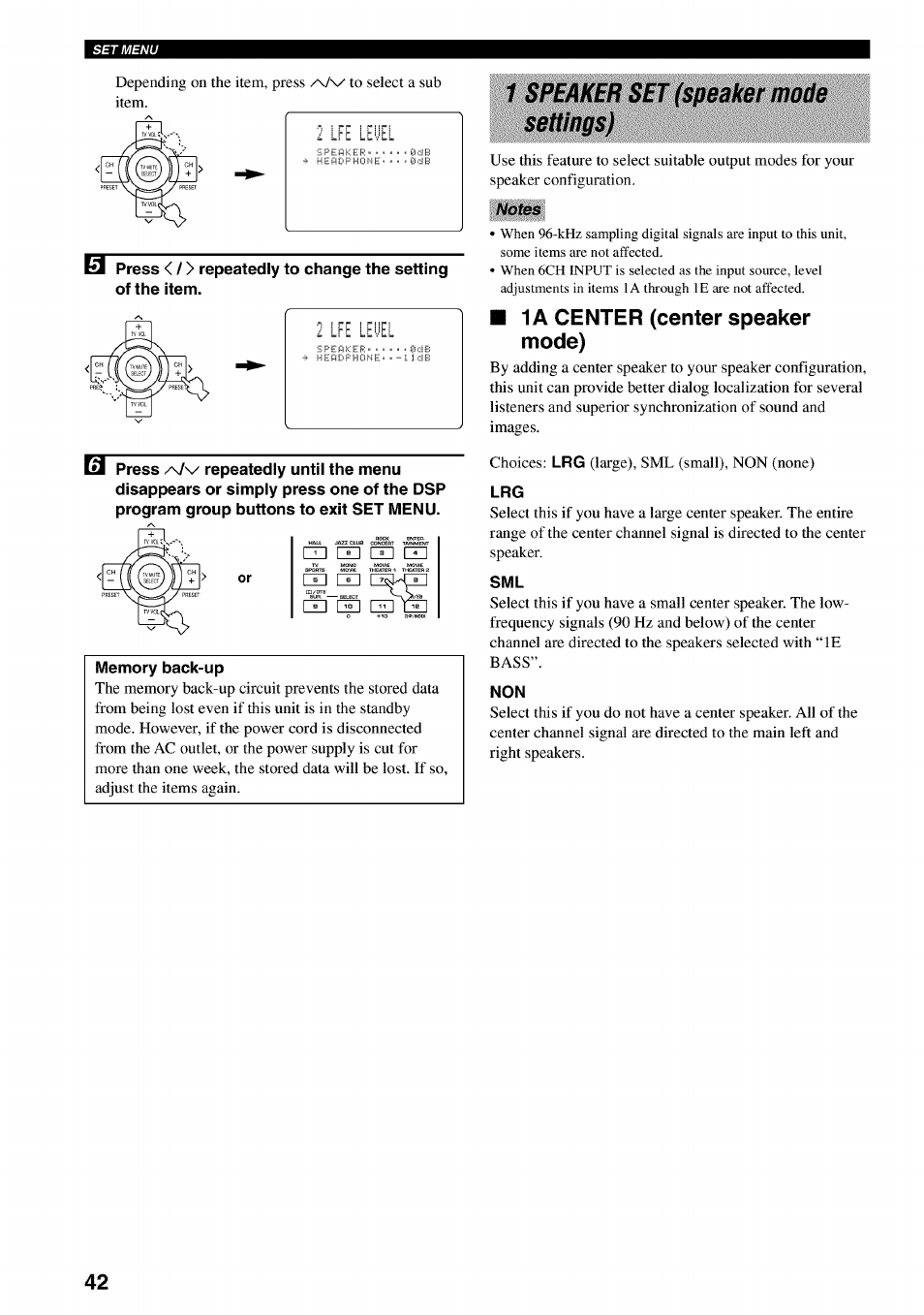 1 speaker set (speaker mode settings), 1a center (center speaker mode), 2 lfe leyel | Yamaha RX-V730 User Manual | Page 46 / 71