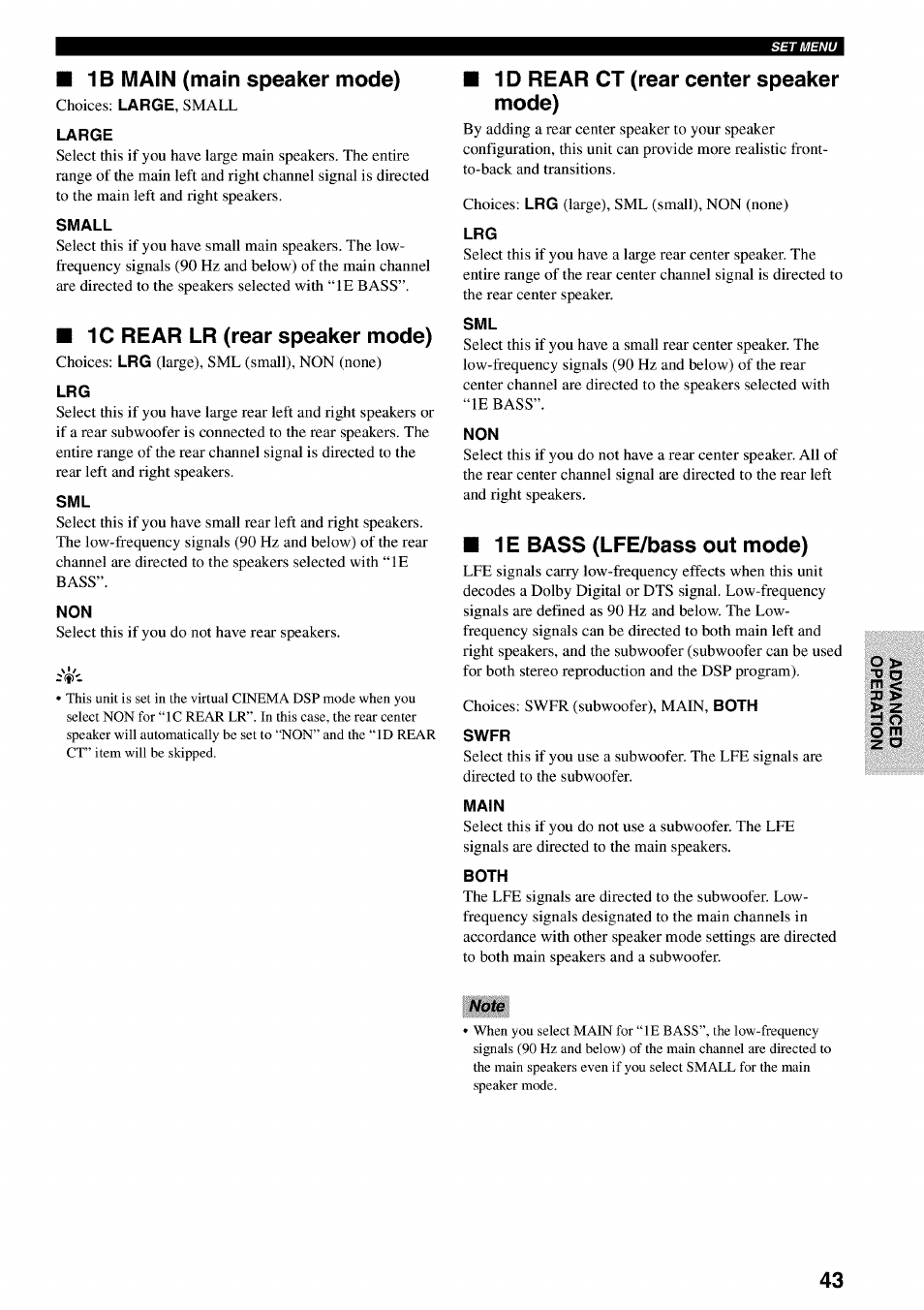 1b main (main speaker mode), 1c rear lr (rear speaker mode), Id rear ct (rear center speaker mode) | Ie bass (lfe/bass out mode) | Yamaha RX-V730 User Manual | Page 47 / 71