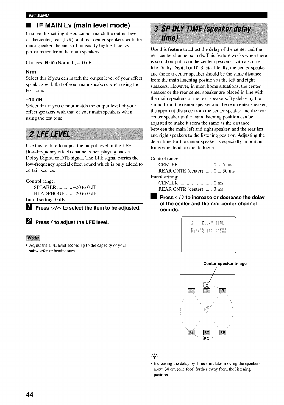 1f main lv (main level mode), 2 lfe level, 3 sp dly time (speaker delay time) | Yamaha RX-V730 User Manual | Page 48 / 71