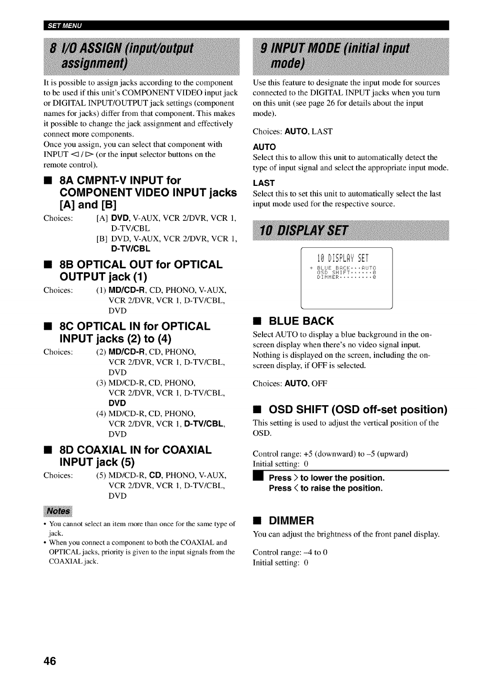 D-tv/cbl, Last, H~press > to lower the position | Press < to raise the position, 8 i/o assign (input/output assignment), 8b optical out for optical output jack(1), 8c optical in for optical input jacks (2) to (4), 8d coaxial in for coaxial input jack (5), 9 input mode (initial input mode), 10 display set ■ blue back | Yamaha RX-V730 User Manual | Page 50 / 71