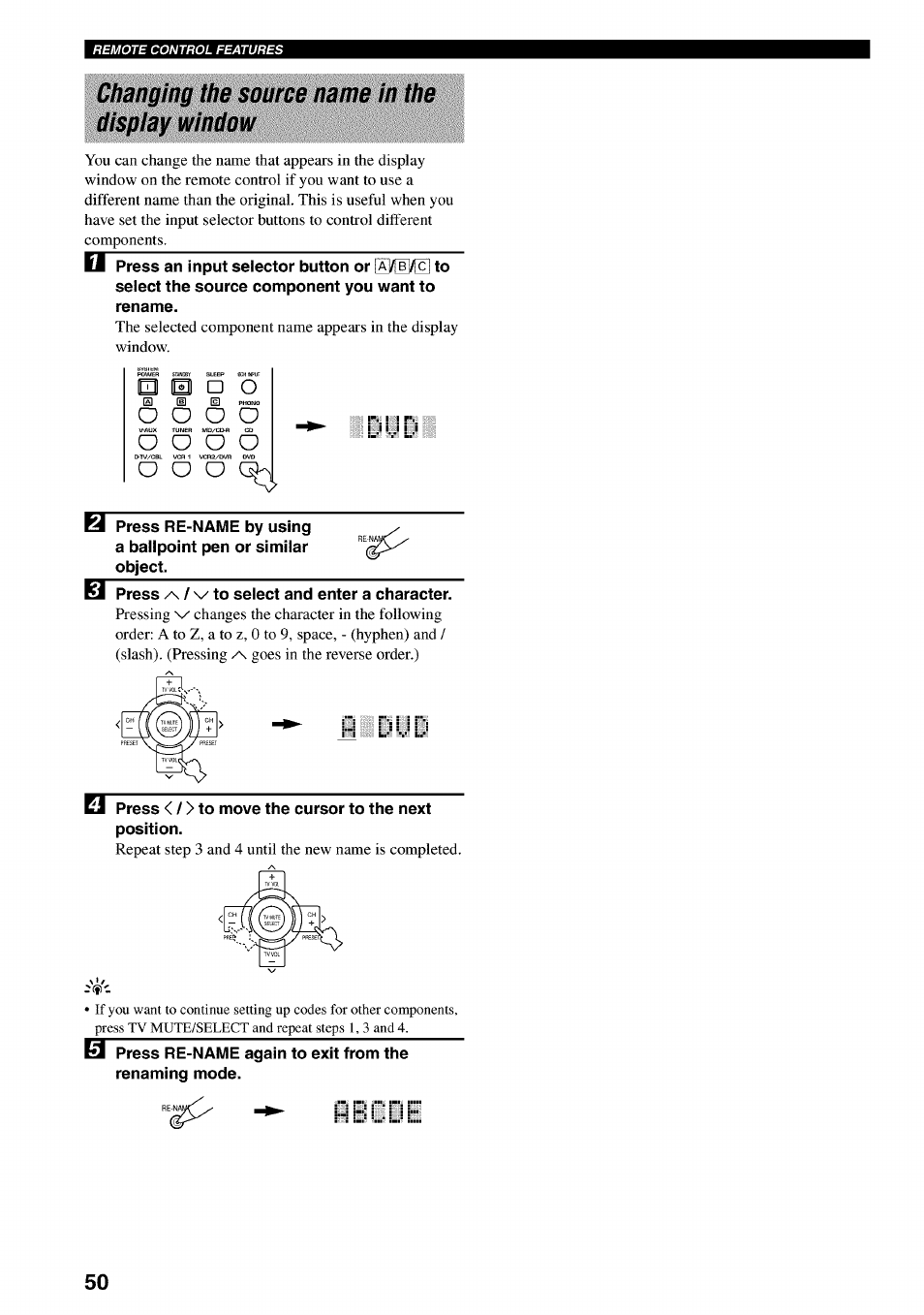 Changing the source name in the dispiay window | Yamaha RX-V730 User Manual | Page 54 / 71