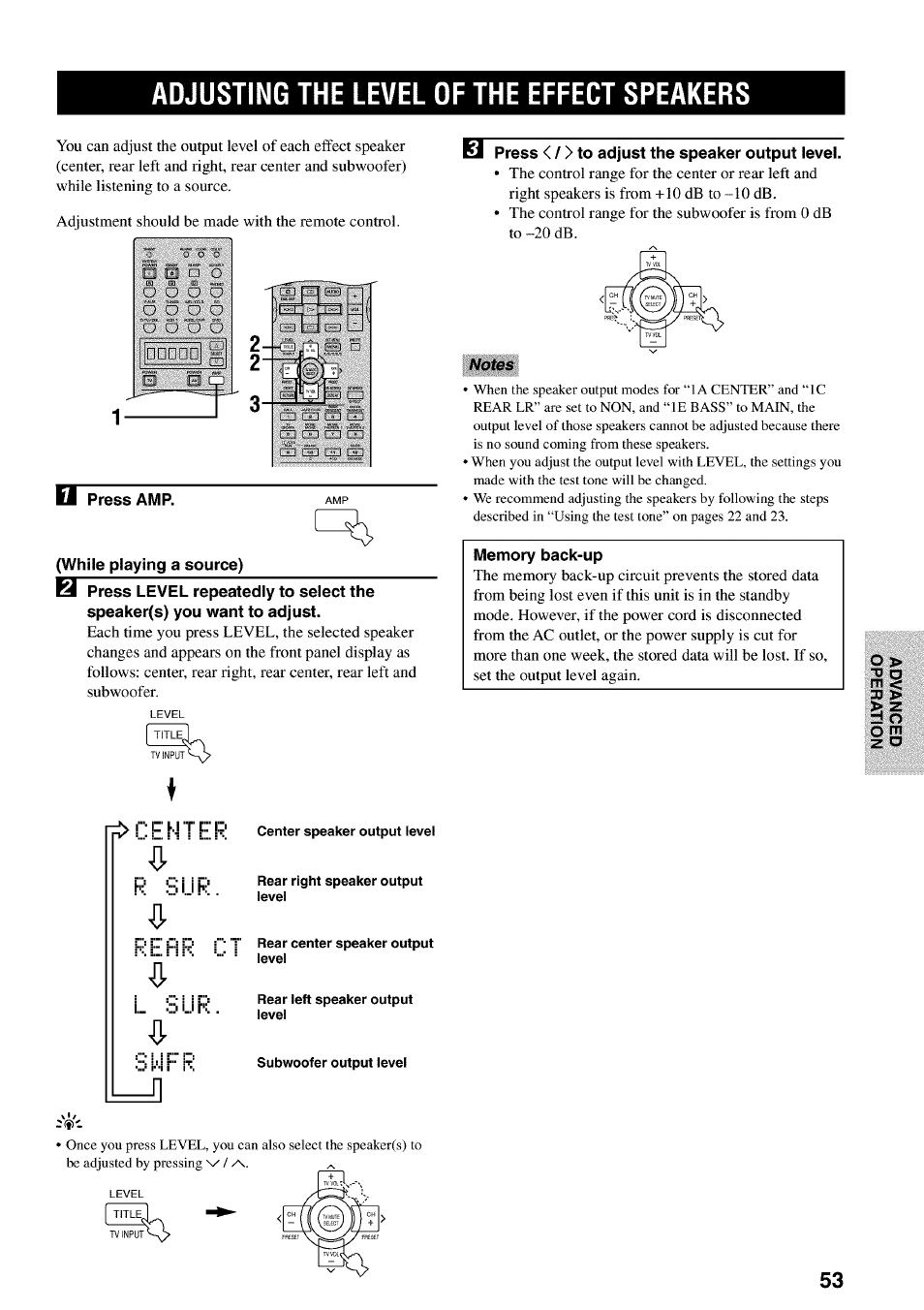 Adjusting the level of the effect speakers, Adjusting the level of the effect, Speakers | Yamaha RX-V730 User Manual | Page 57 / 71